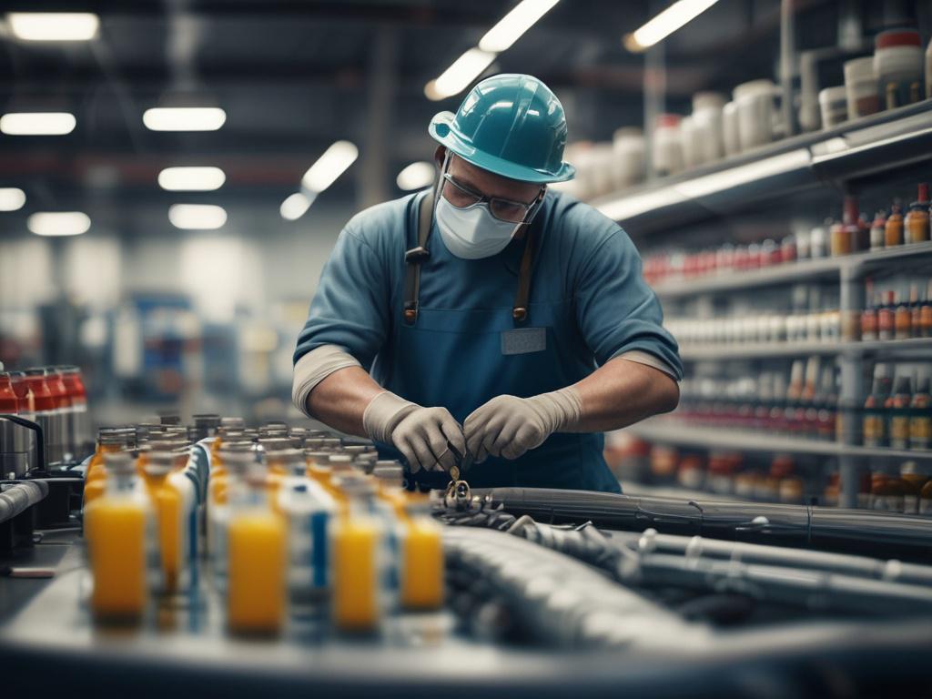 A close-up shot of a technician applying chemical lubrication to a conveyor belt system designed for bottles and cans. The technician is wearing safety gear, focused on the task, with the conveyor belt clearly visible in the background. The setting is a modern industrial environment, showcasing tools and equipment used for lubrication. The color scheme is yellow and black, reflecting the company's branding. The image has a hyper-realistic style, shot with a 45mm f/1.2 lens to emphasize the technician's conc